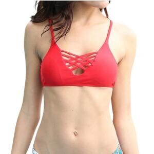 Womens size medium Red Bikini Top- hollow out crossed front strappy​​​